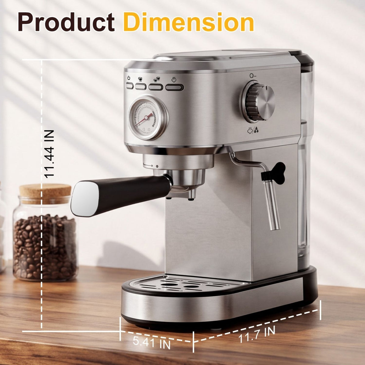 Silver 20-bar espresso machine with pressure gauge – official CJ supplier photo 1