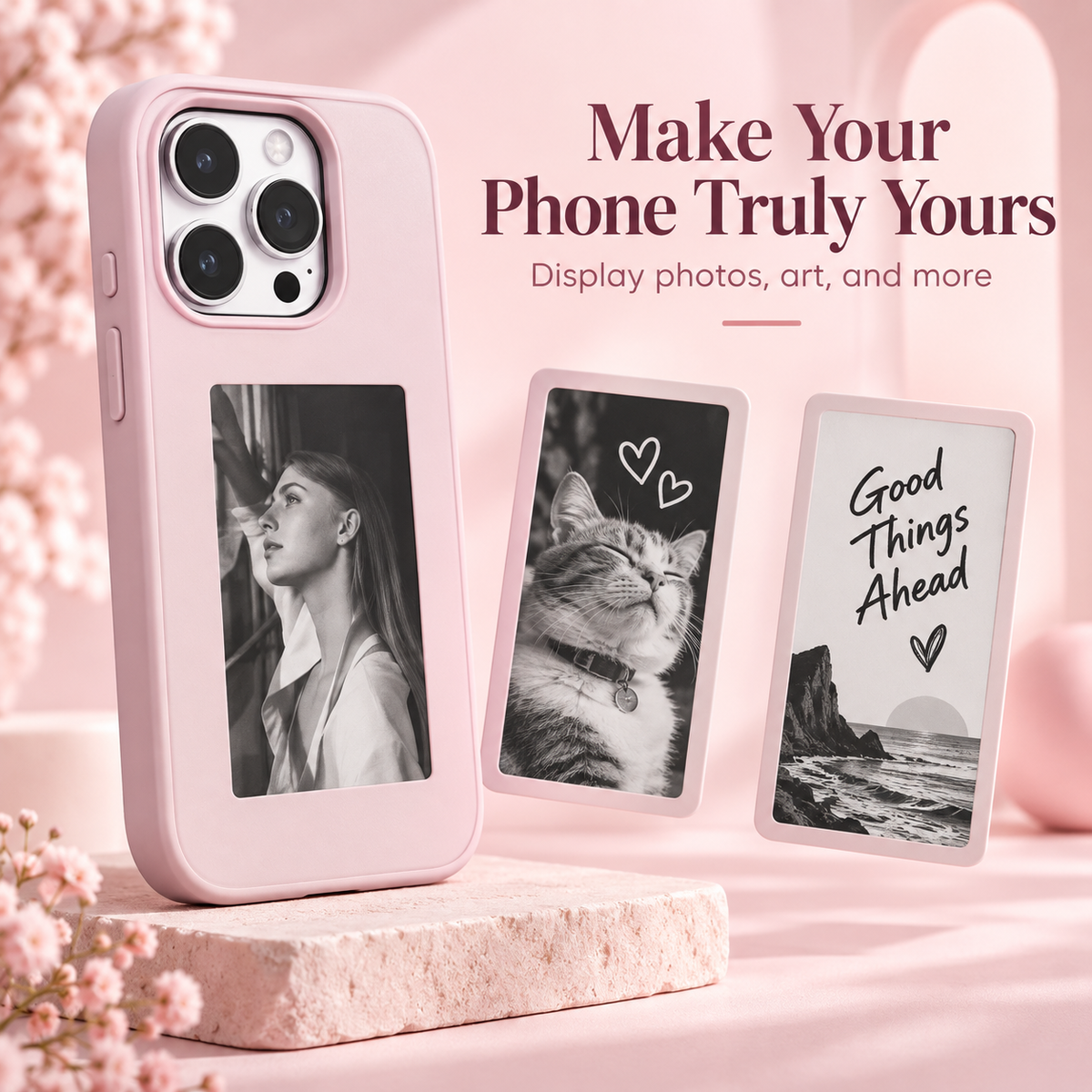 Customizable pink E-Ink phone case display