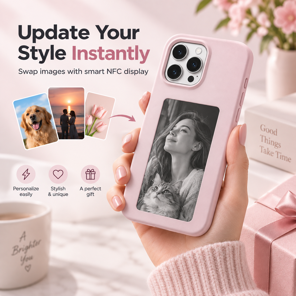 Pink NFC E-Ink phone case lifestyle view