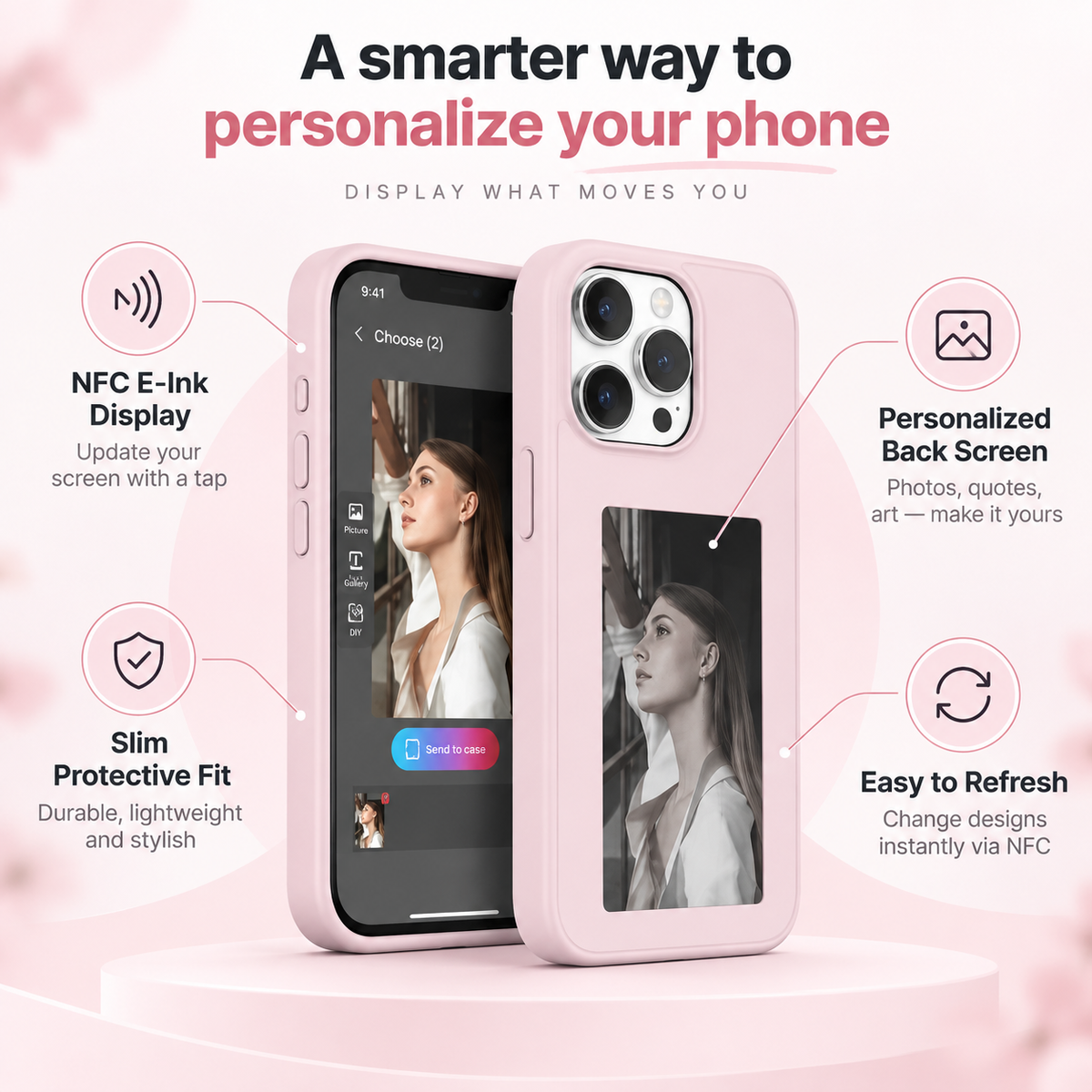 Pink E-Ink phone case personalization feature