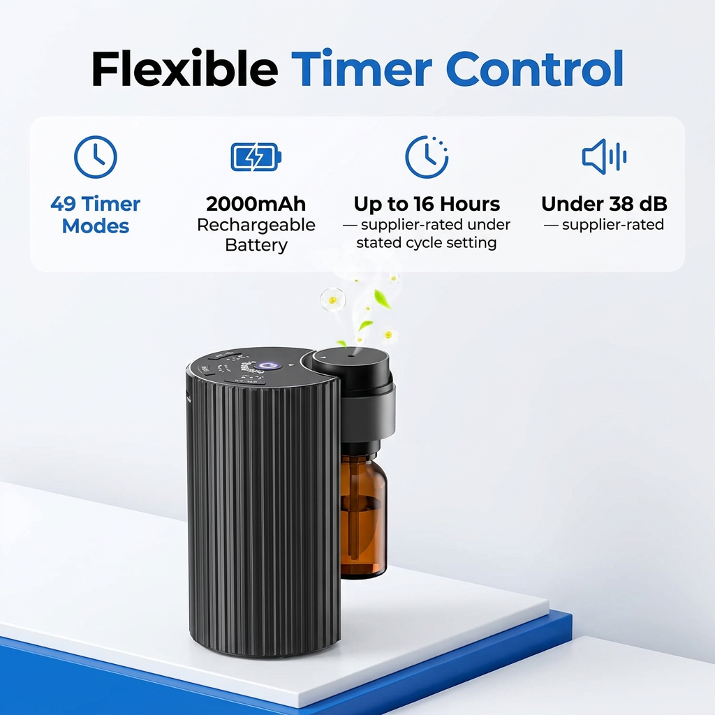 Portable waterless diffuser timer battery and low-noise features