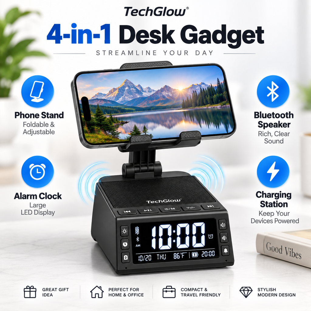 TechGlow 4-in-1 phone stand speaker clock and charging dock