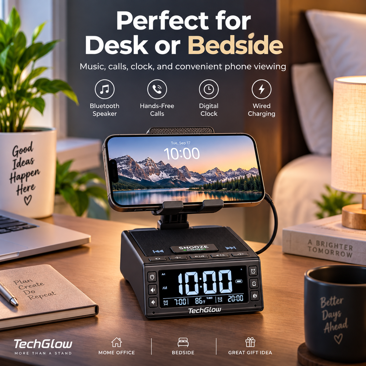 TechGlow desk or bedside phone stand and Bluetooth speaker