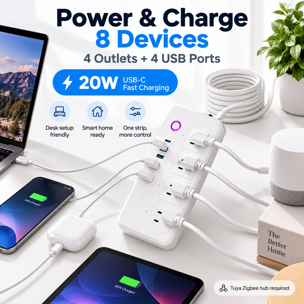 Zigbee power strip powering and charging multiple devices