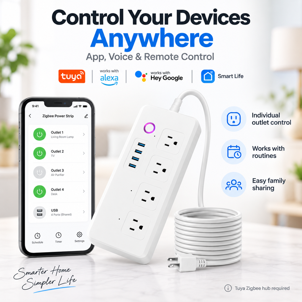 Zigbee power strip app, voice and remote control features