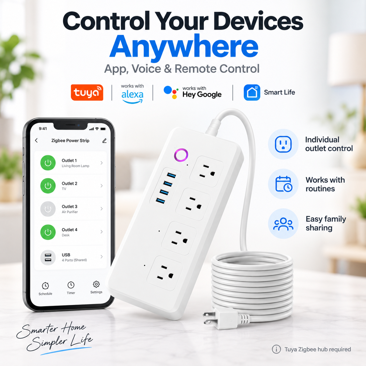 Zigbee power strip app, voice and remote control features