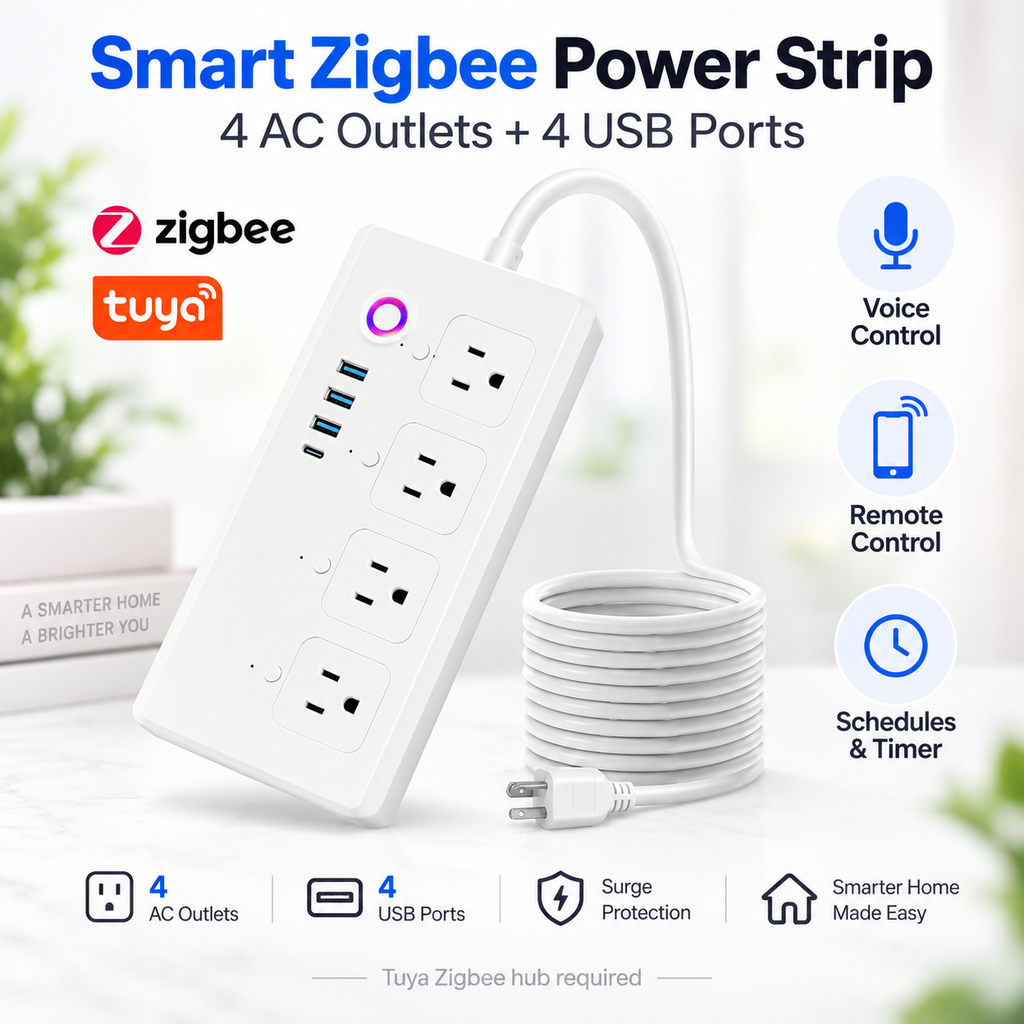 Smart Zigbee power strip with 4 AC outlets and 4 USB ports